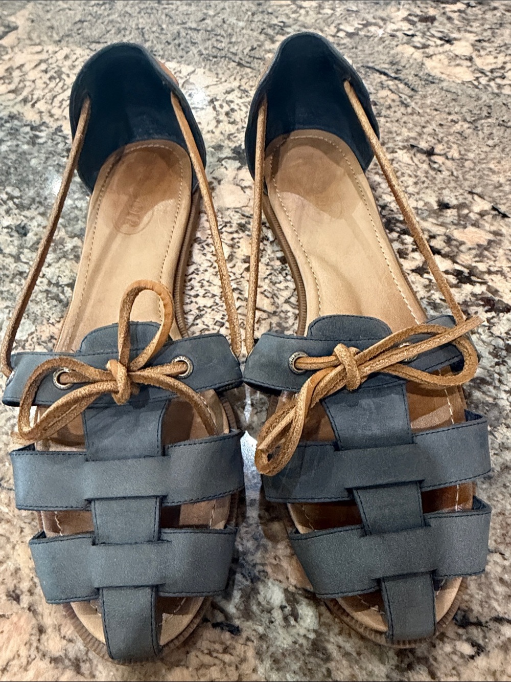 Sperry Gray and Tan Strappy Bow Flat Sandals